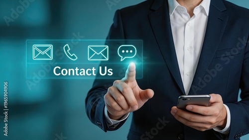 Businessman touching futuristic contact us interface with email phone chat icons digital communication concept customer support corporate technology professional service modern