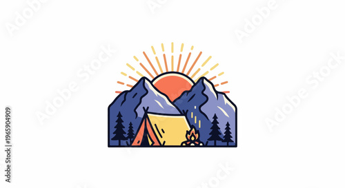 Stylized sunrise over mountains with a tent and campfire, surrounded by trees
