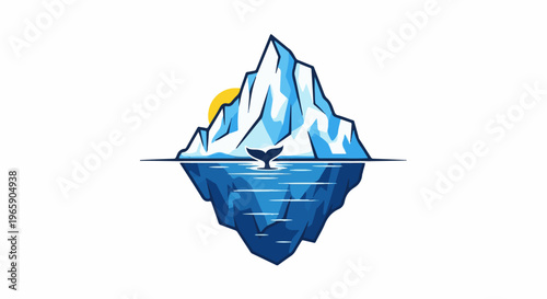 Sunlit iceberg with whale tail emerging from blue water reflection