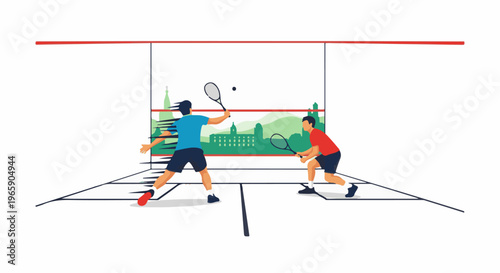 Two men playing a competitive game of squash indoors with city buildings in the background