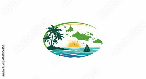 Tropical island sunset scene with palm trees and a sailboat on ocean