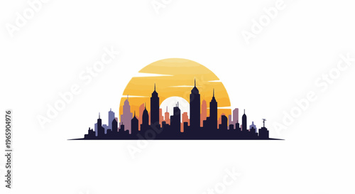Cityscape skyline silhouette against a vibrant sun during dusk or dawn