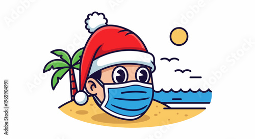 Character with Santa hat and mask on tropical beach