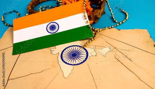 Close-up of Indian flag on a map of India with a beaded necklace on a blue background