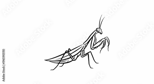 Black and white line drawing of a praying mantis in profile