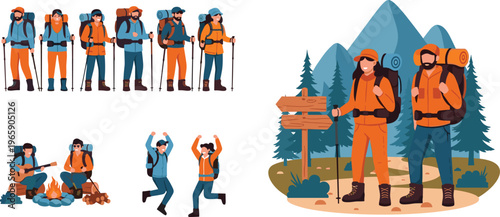 Group of Hikers in Outdoor Adventure Scenes, Including Backpacking, Hiking, Campfires, and Mountain Exploration in a Cartoon Style
