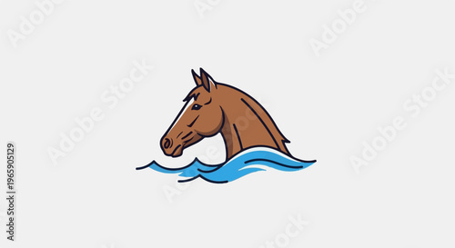 Brown horse head emerges from stylized blue water waves