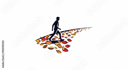 A solitary figure walks along a path scattered with colorful autumn leaves