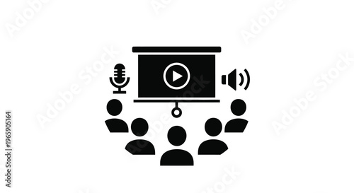 Presentation setup with projector microphones and audience silhouettes