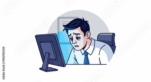Exhausted office worker with dark circles under eyes staring at a computer