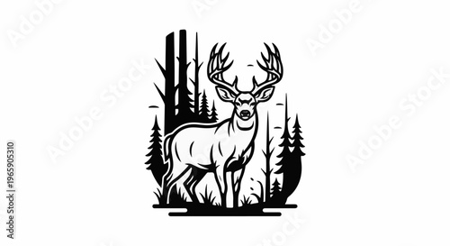 A stylized black and white graphic of a majestic stag with large antlers in a forest