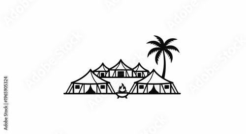 Canvas tents arranged with a campfire and palm tree for a desert camp scene
