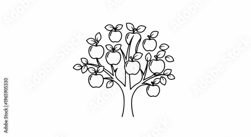 Simple black and white drawing of a fully bloomed apple tree
