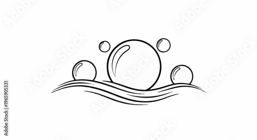Bubbles rising from wavy water surface, black and white outline illustration