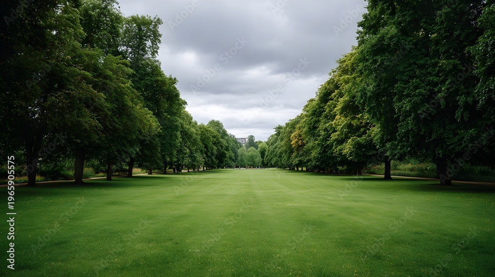 Obraz premium A symmetrical avenue of mature trees lines a vast vibrant green lawn under a dramatic cloudy sky