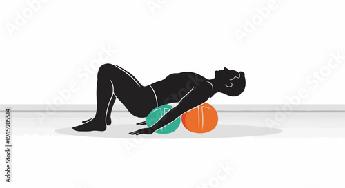 Silhouette of person on back with knees bent, supported by two textured balls