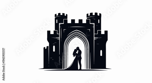 Silhouette of couple embracing within a grand castle archway