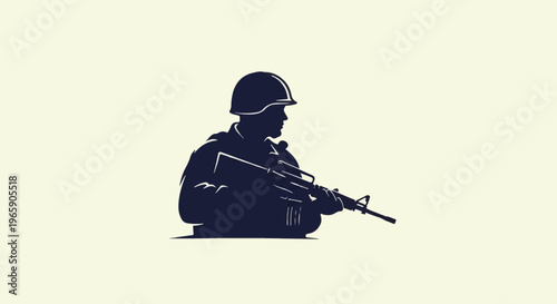 Silhouette of soldier in helmet holding rifle, vigilant stance, dark blue