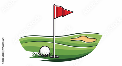 Golf hole with ball, flag, sand trap, and green fairway