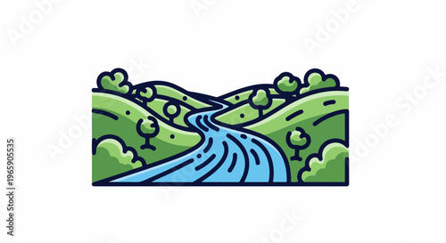 Stylized rolling green hills with a winding blue river and trees