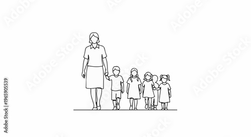 A teacher holds a child's hand, leading a line of kids