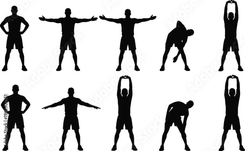 Collection of male athlete silhouettes performing various stretching exercises and warm up poses for fitness training isolated on white background