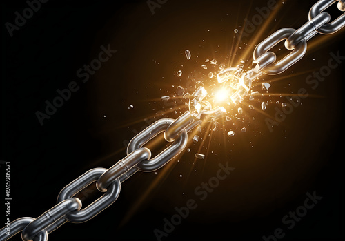 Dynamic illustration of a robust metal chain breaking apart with an intense burst of golden light, symbolizing freedom and triumph