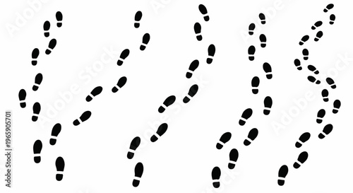 Black footprints in various directions on a white background