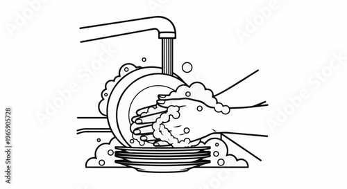 Hands washing plates under a running tap with suds