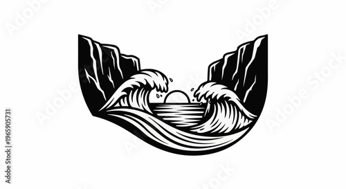 Rugged cliffs frame crashing waves around a setting sun over the ocean