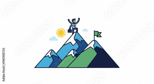 Business person celebrates reaching mountain summit with briefcase and flag