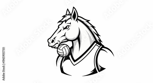 Fierce horse head with a volleyball held in its mouth and sporting a jersey
