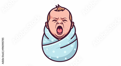 Adorable baby yawning, swaddled in a light blue polka dot blanket