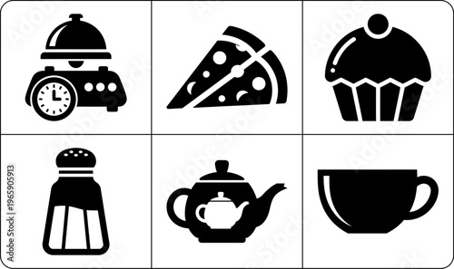 Six black dining silhouettes featuring covered serving dish pizza cupcake salt shaker teapot and coffee cup on white background