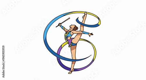 Athletic gymnast in a leotard performing with a blue and yellow ribbon