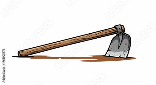 Illustration of a worn hoe digging into brown soil with a shadow