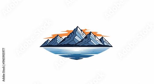 Stylized mountain range with reflection in water and orange clouds