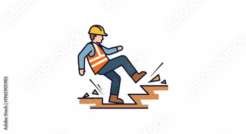 Construction worker in hard hat and vest trips on broken stairs, scattering debris