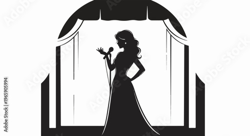 Elegant woman in formal gown performs on stage with microphone