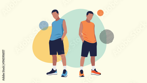 Two identical faceless male figures in blue and orange tank tops standing against a background of soft colored circular shapes.