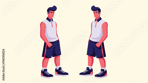 Pair of identical faceless male characters with a prominent pompadour hairstyle wearing white polo shirts and dark shorts.