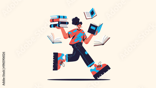 Dynamic illustration of a woman running while carrying several books and being surrounded by many flying open books in the air.