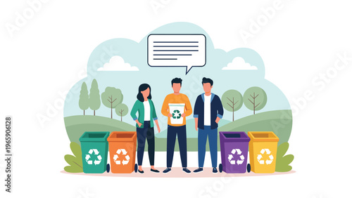 People standing by colorful recycling bins in a public park with a speech bubble indicating a conversation about sustainability.