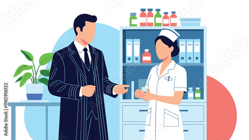 Professional illustration of a man in a business suit talking to a female nurse in a clinic or pharmacy with medical supplies.