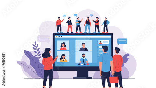 Digital illustration of a diverse group of people participating in an online video meeting shown on a large computer monitor.
