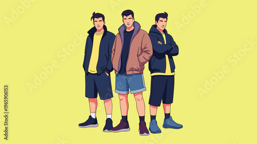 Group of three stylish men standing in various casual outfits including jackets and shorts against a bright yellow background in a character design.