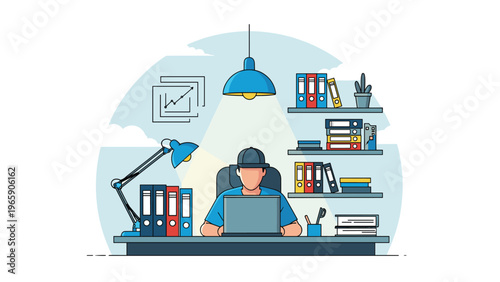 Man sitting at a desk focused on working with a laptop in a well-organized home office filled with shelves of binders and books under a blue lamp.