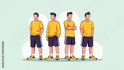 Four identical men standing together wearing yellow shirts and black athletic shorts in different poses against a soft background with clouds.