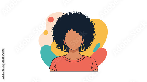 Stylized portrait of a woman with a large dark afro and gold hoop earrings set against a background of soft pastel abstract shapes and blobs.