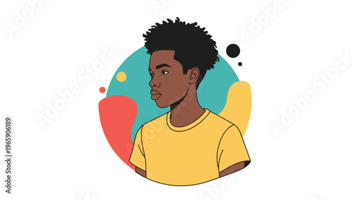 Profile portrait of a young black man with short hair wearing a yellow t-shirt looking away against a colorful abstract shape background.